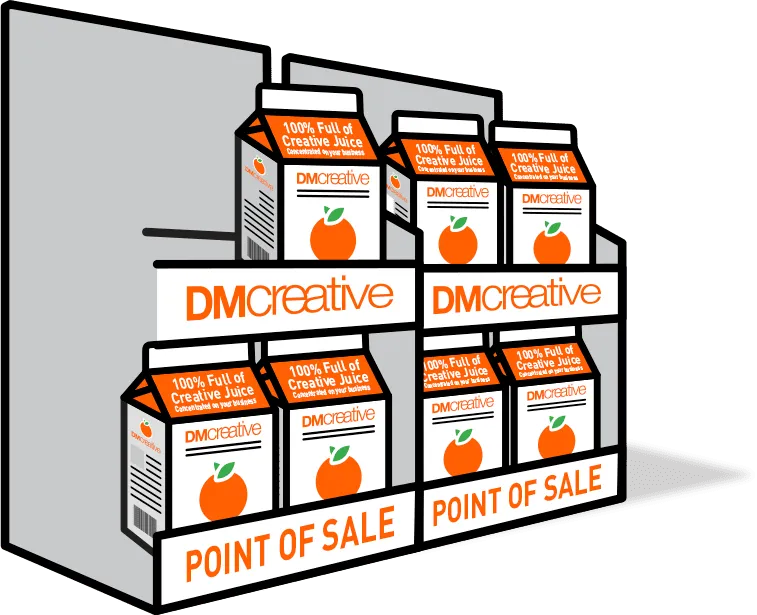 Point of Sale Shelves with orange cartons, and space for a missing carton