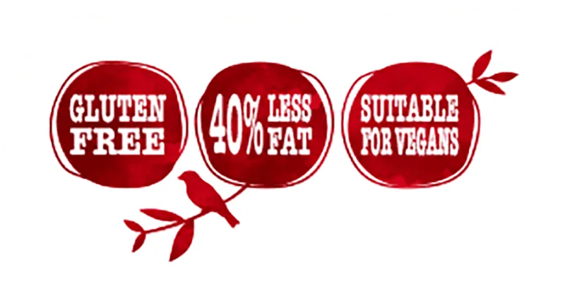 gluten free, 40% less fat, suitable for vegans